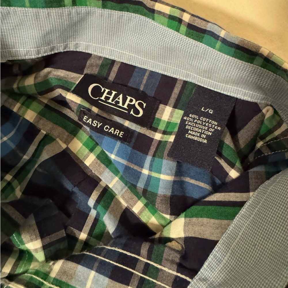 Chaps Men's Navy‎ and Green Plaid Button-Down Shirt large - Picture 3 of 3